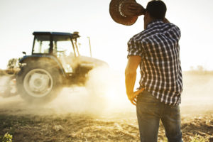 Ein junger Bauer blickt gegen die Sonne in Richtung seines Traktors