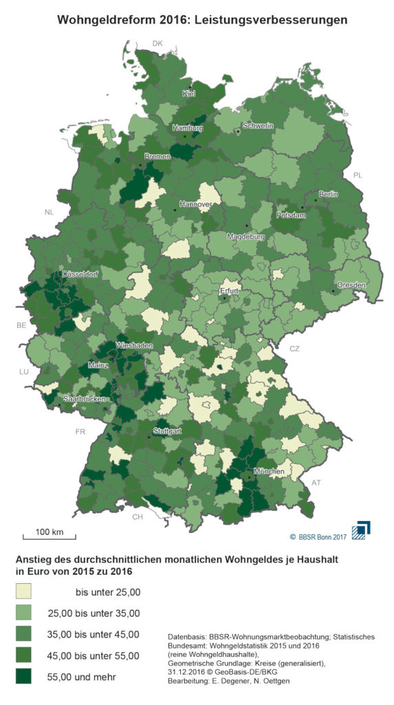 Deutschlandkarte mit unterschiedlich eingefärbten Regionen um den Unterschied der jeweiligen Höhe des Wohngeldes darzustellen