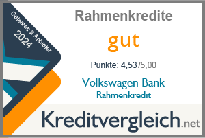 Testsiegel für die Kategorie Produkteigenschaften: 1. Platz für die Volkswagen Bank Rahmenkredit